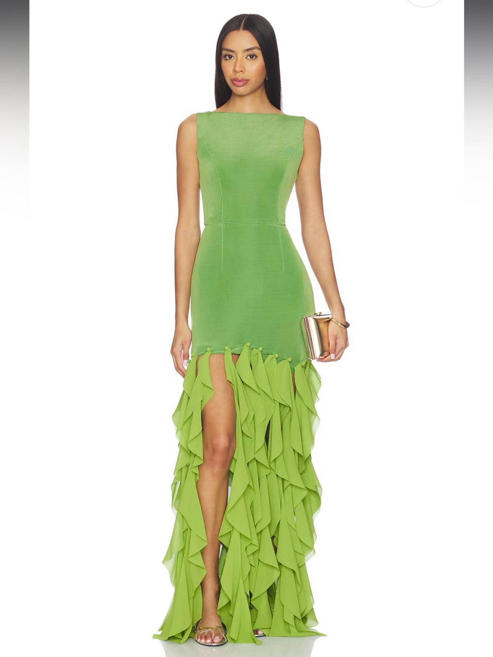 elliatt marison green high low ruffle tiered bodycon maxi gown dress medium NEW